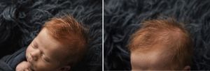 Close-up profile shots of sleeping newborn against dark textured background.