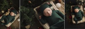 Small baby wearing a dark green outfit lying on blanket in forest setting in three similar photos.