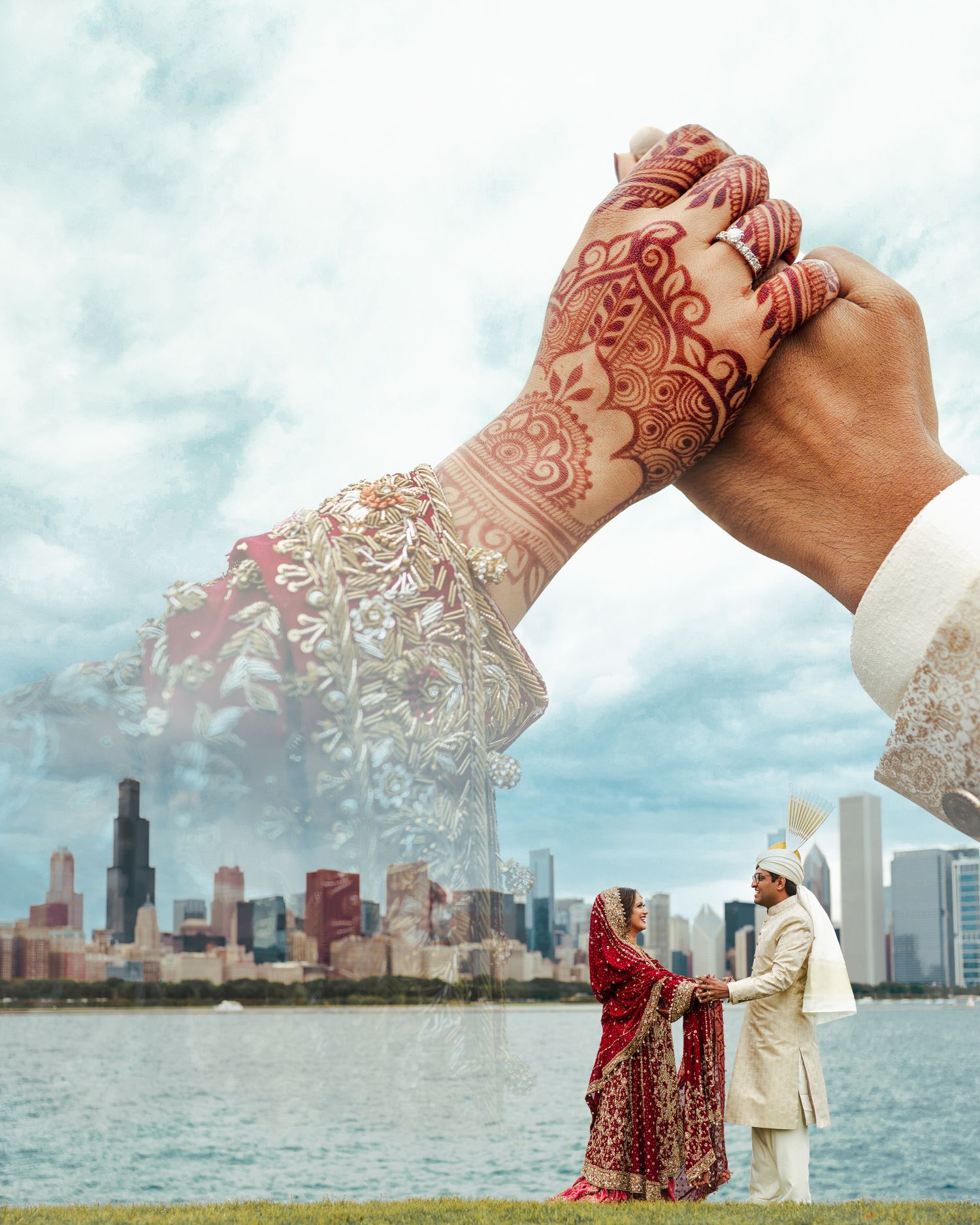 Pakistani bride in red, Chicago skyline and lake behind, hands held in a sky merged, a magical union above the city.