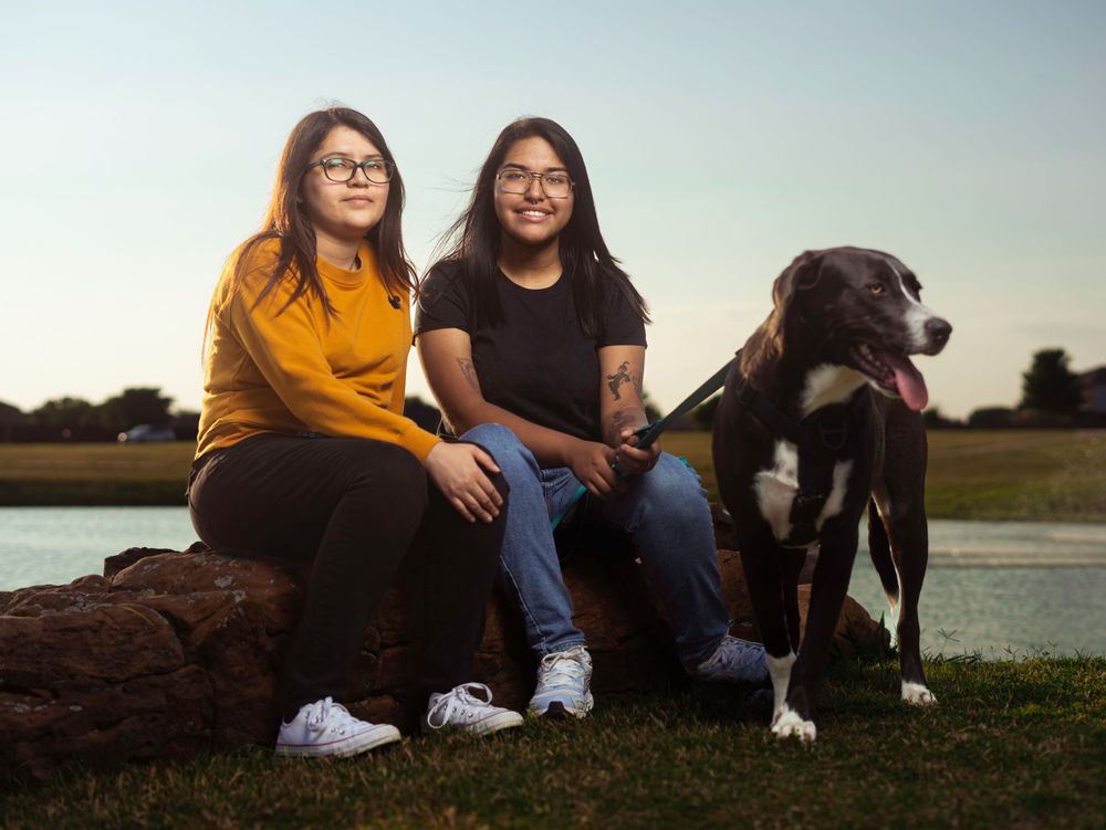 Two friends and their black dog sit by a lake during golden hour.
