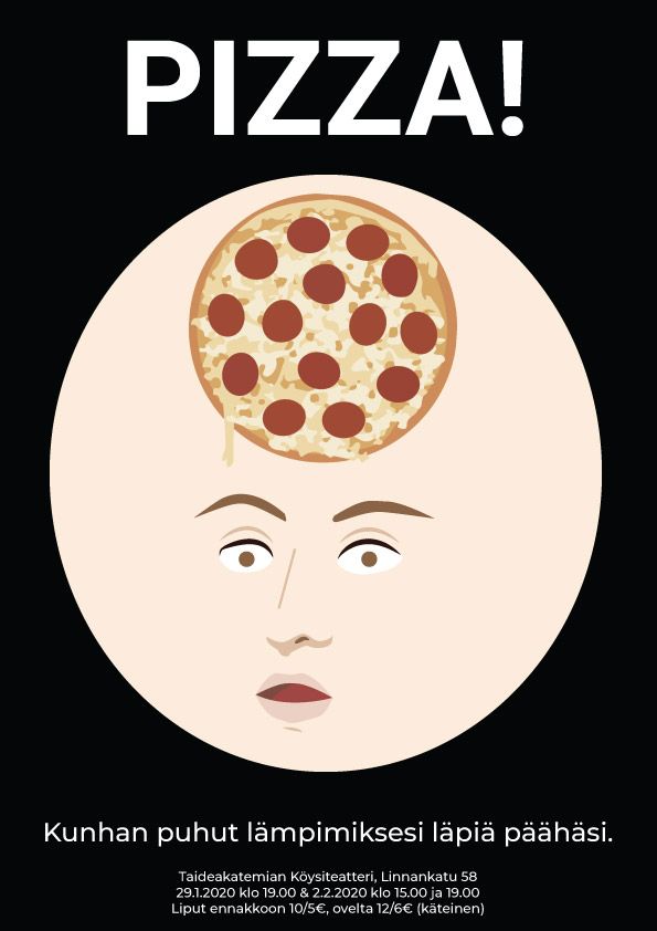 PIZZA! - esitykselle juliste. Piirtäminen / kuvitus. Typografia/tekstit: Santeri Sario