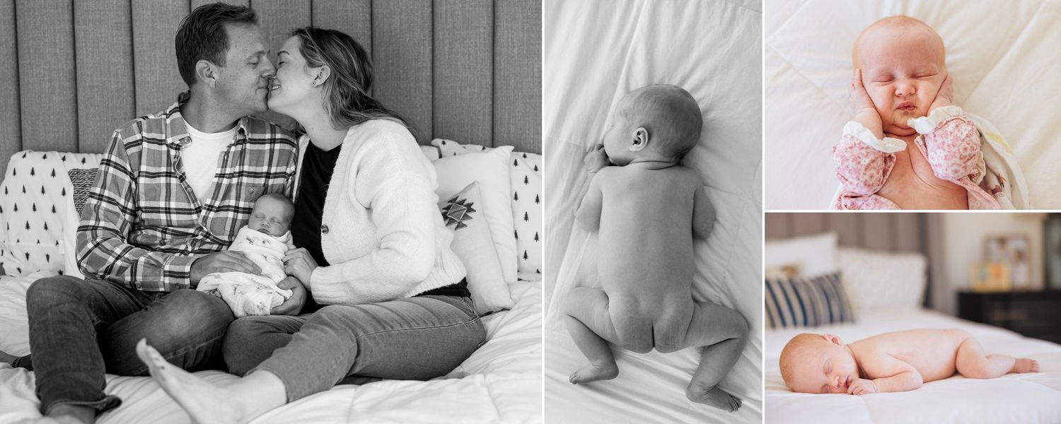 Collection of intimate newborn and family lifestyle photographs in a home setting.