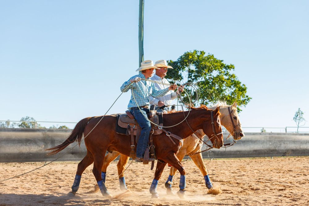 Rider practices roping technique while mounted on a brown horse in a dusty arena under blue skies.