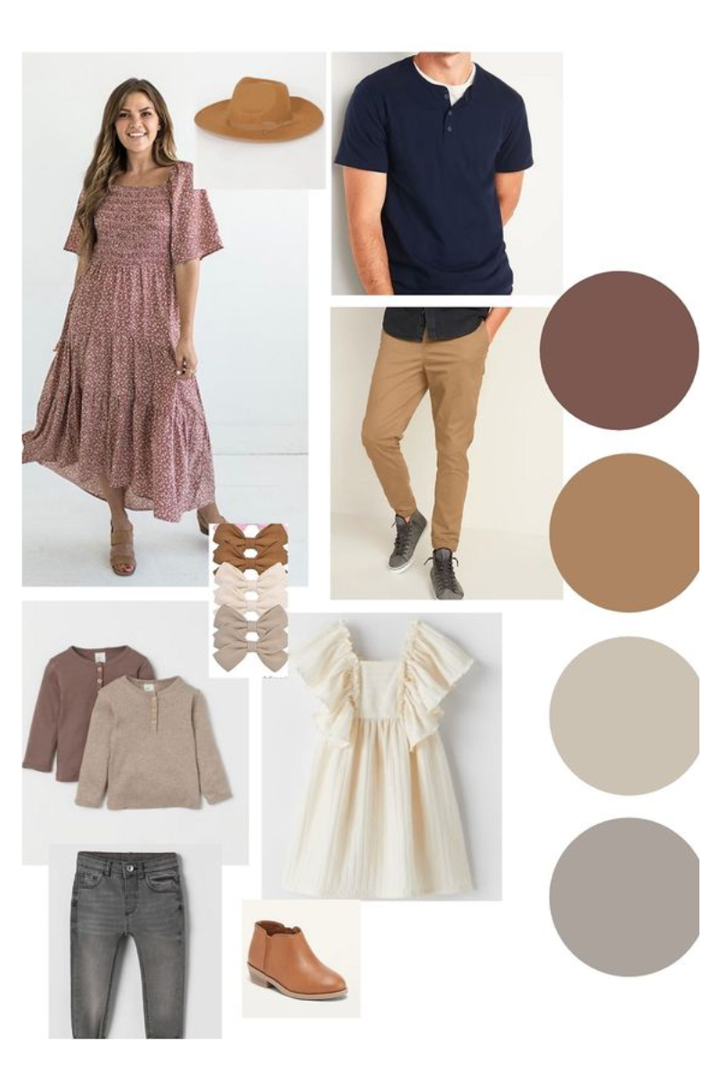 Fashion mood board featuring earth tones with clothing and accessories for family photos.