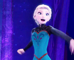 Animated character with platinum hair expressing joy while dancing in a blue dress.