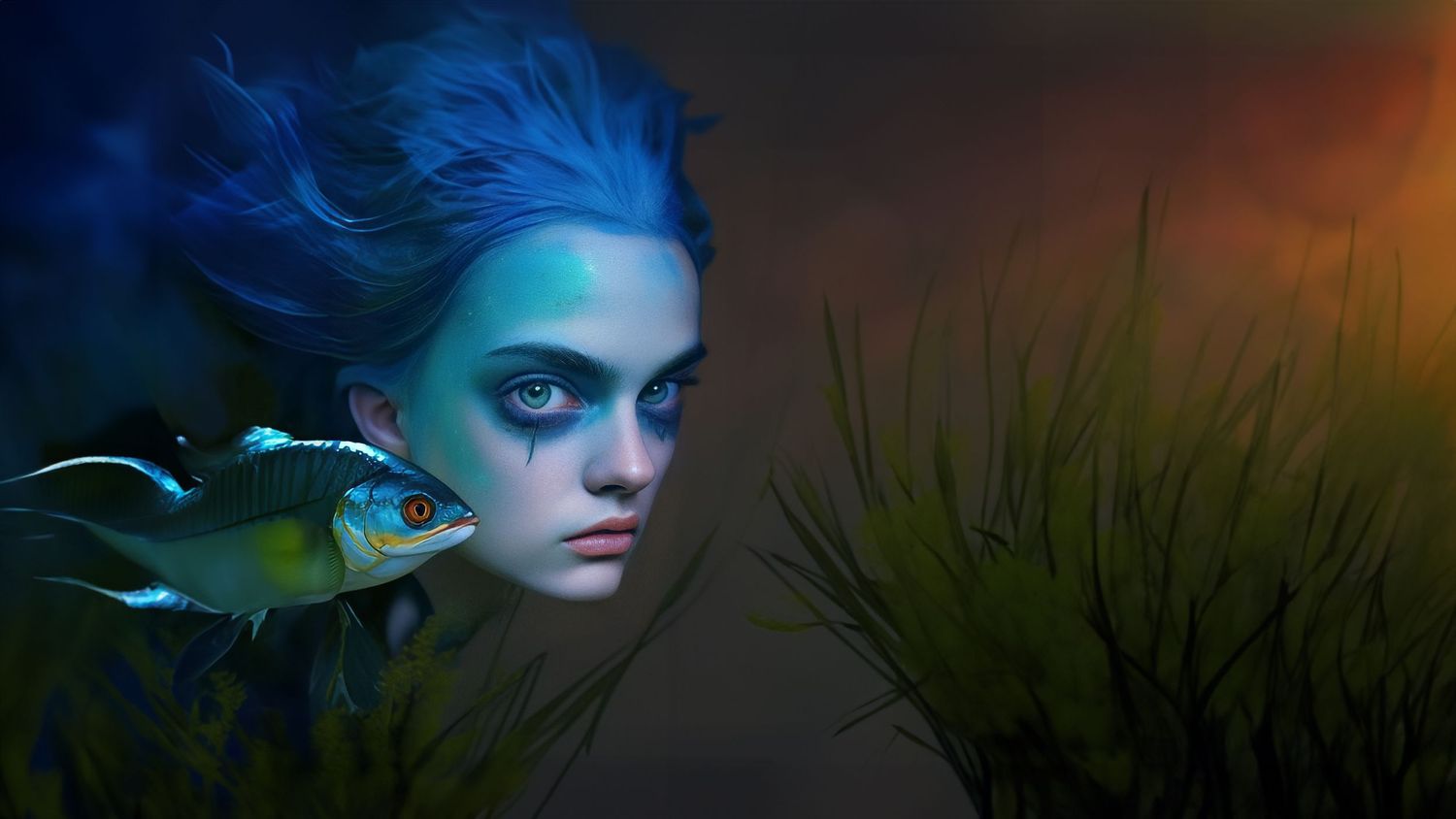 Ethereal underwater-style portrait with blue lighting and mystical atmosphere.