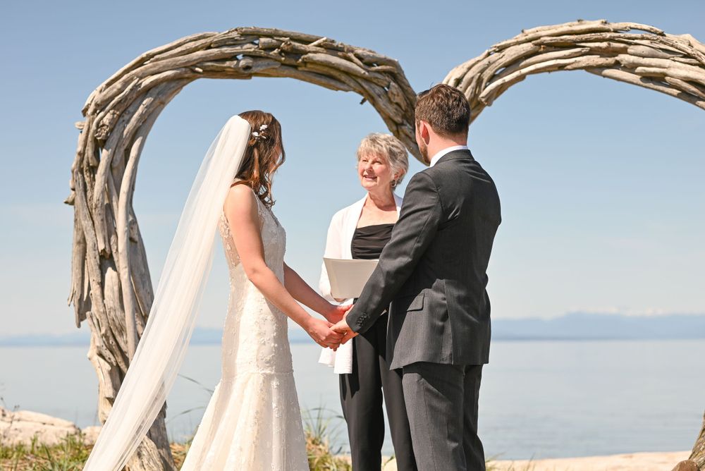 Bride and groom at driftwood alter at the beach.