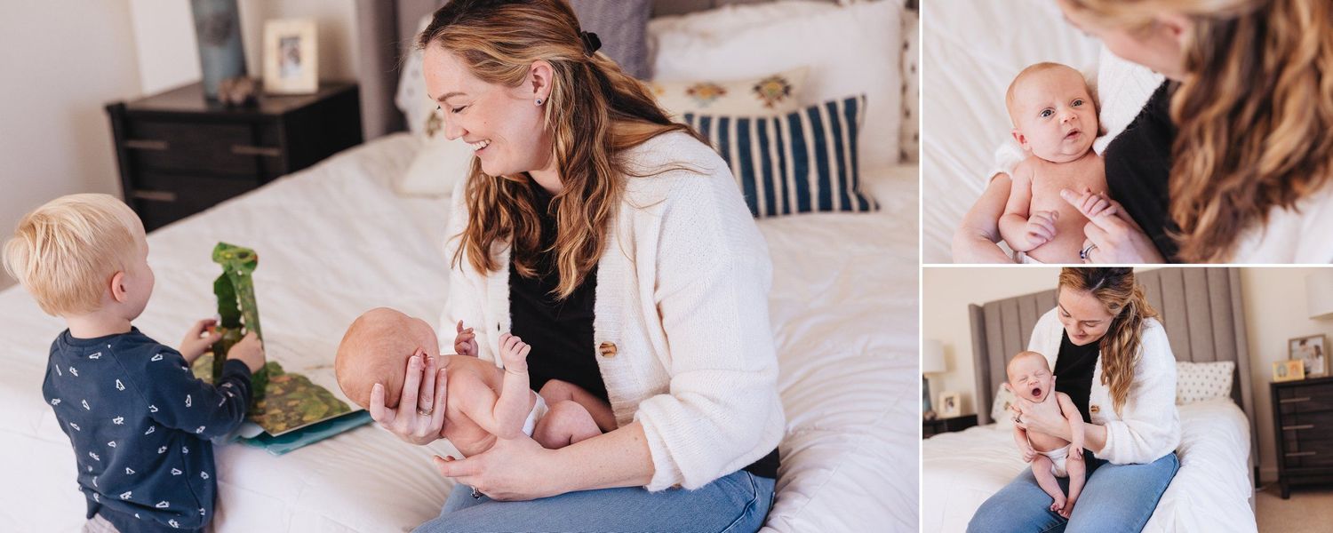 Intimate family moments captured in bedroom showing playful interactions.
