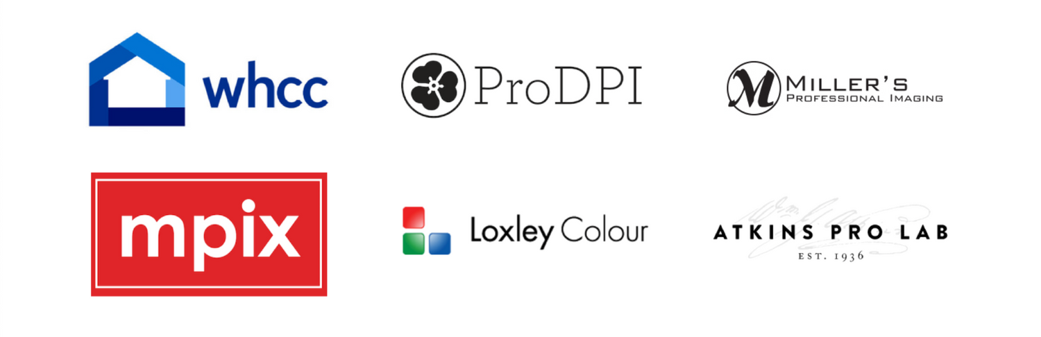 Collection of professional photography and printing service logos arranged in grid format.