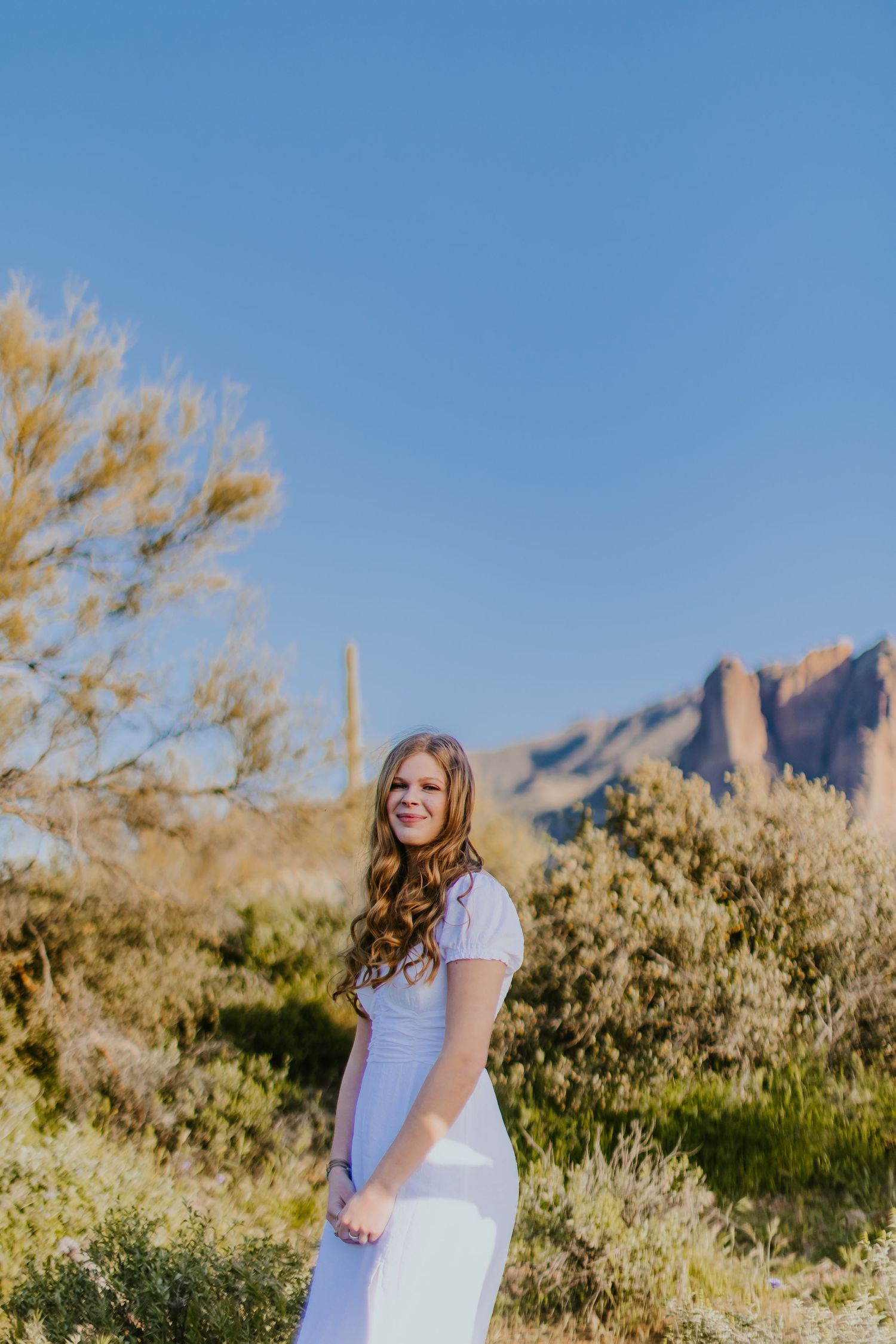 White dress portrait in the Arizona desert with dramatic mountain peaks in the distance.