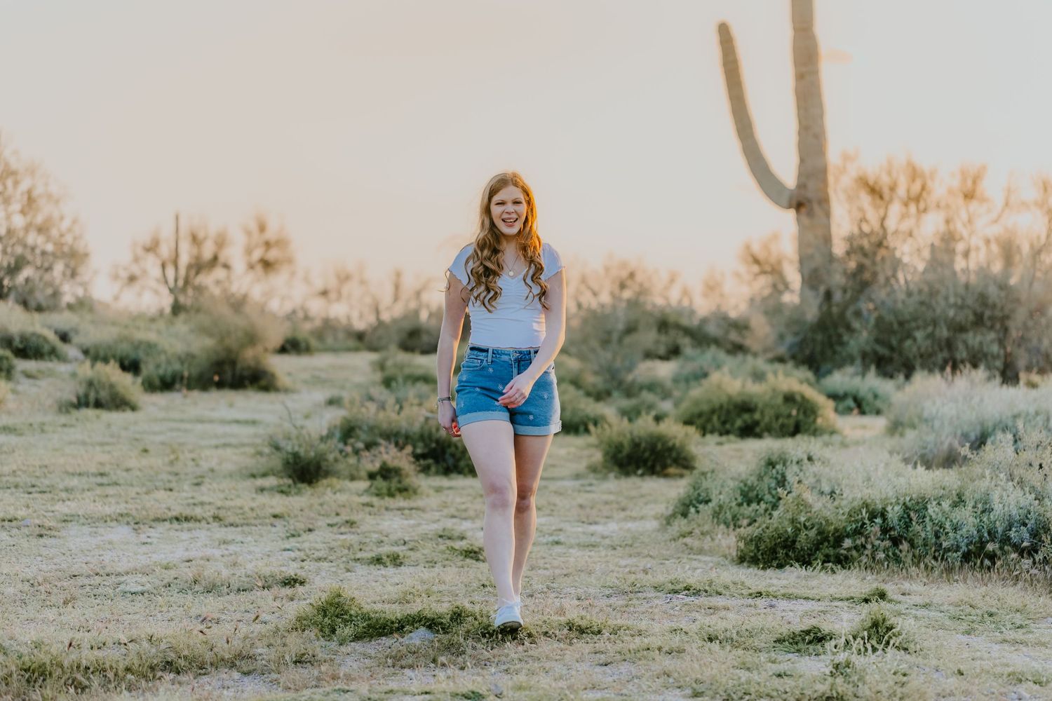 Person walking through desert landscape with saguaro cacti at golden hour.