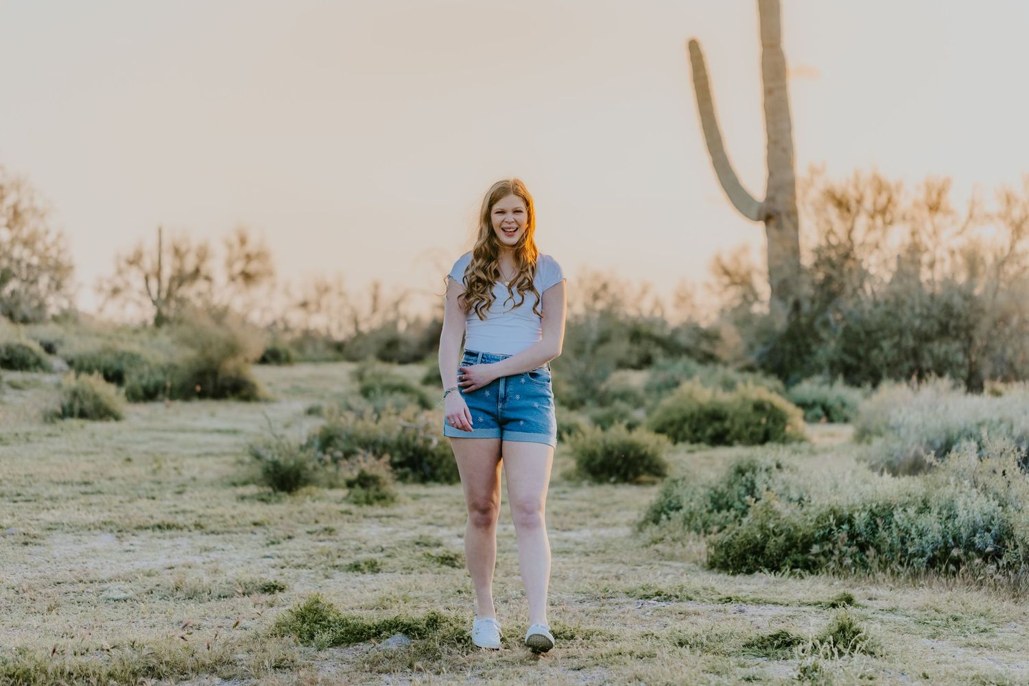 Person strolling through desert scenery with mountains visible in background during sunset.