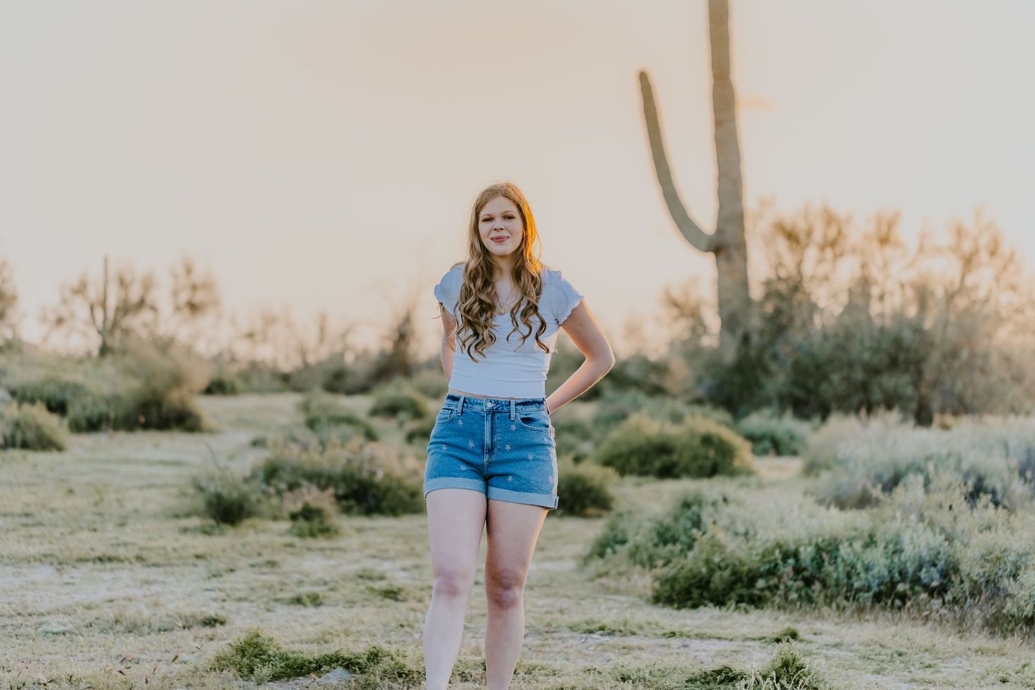 Person exploring desert terrain with native plants and golden sunset lighting.