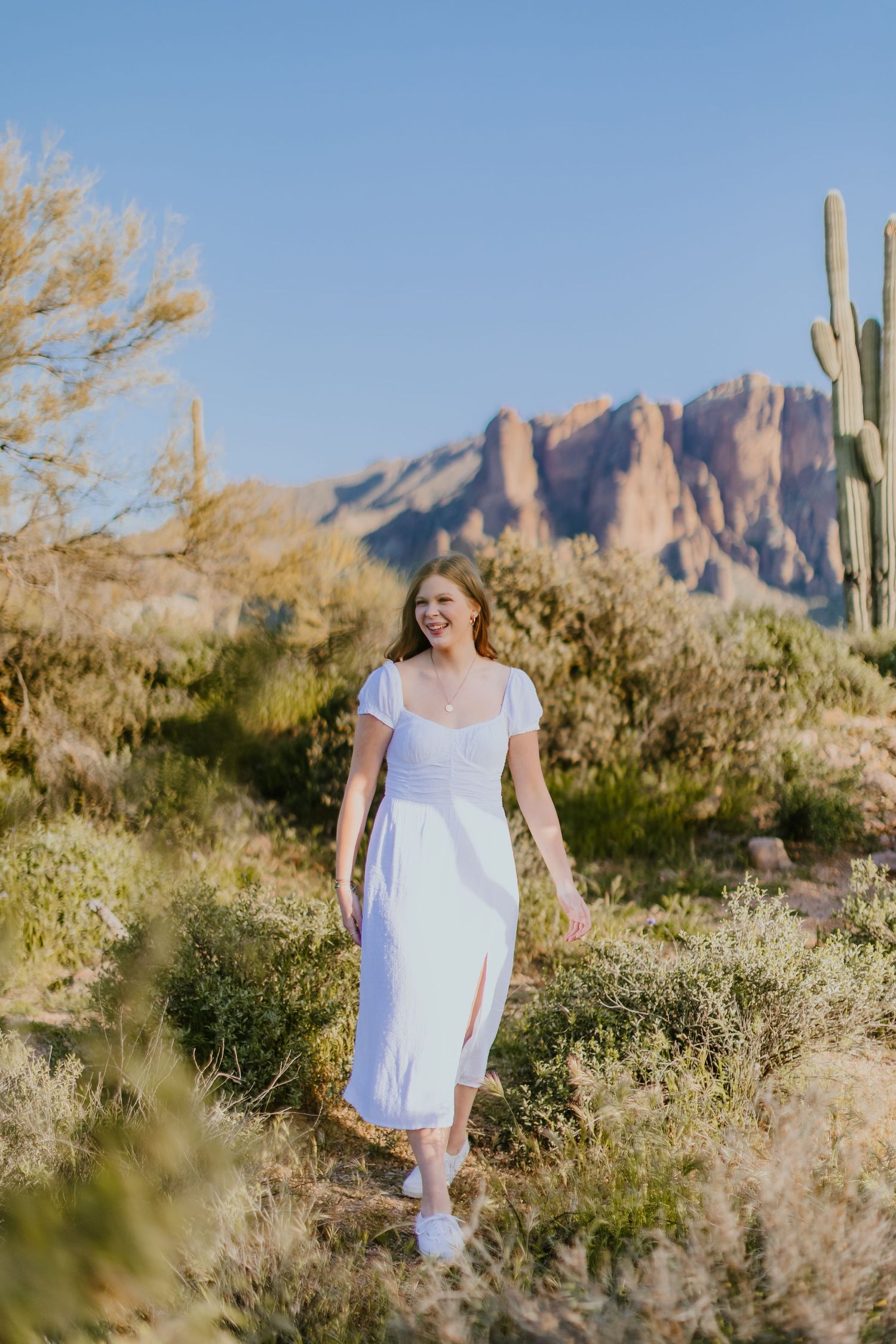 Desert photoshoot featuring a white dress against the backdrop of the Superstition Mountains and cacti.