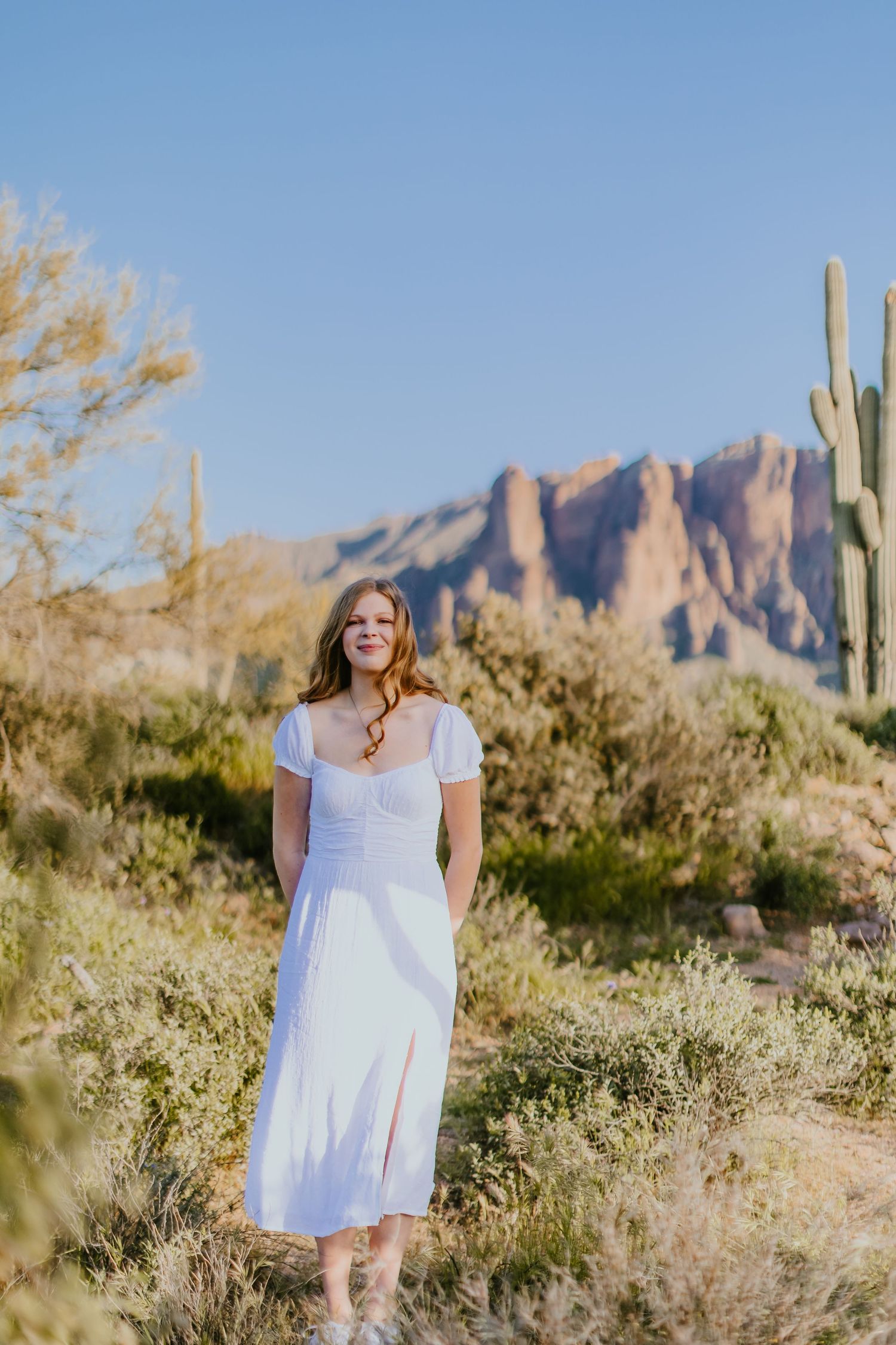 Ethereal desert scene with white dress against mountain backdrop and native desert plants.