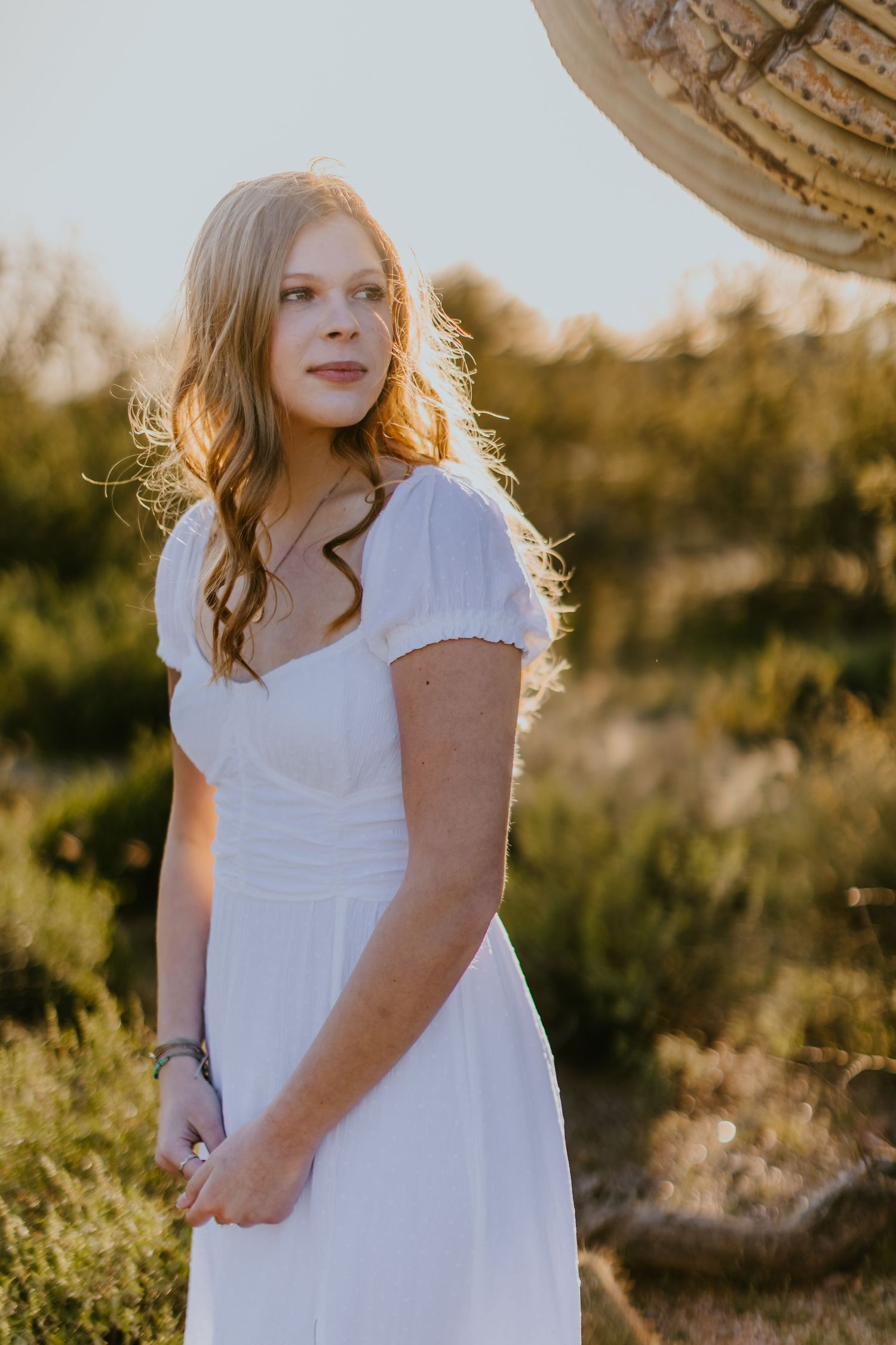 White dress portrait session in desert landscape at sunset.