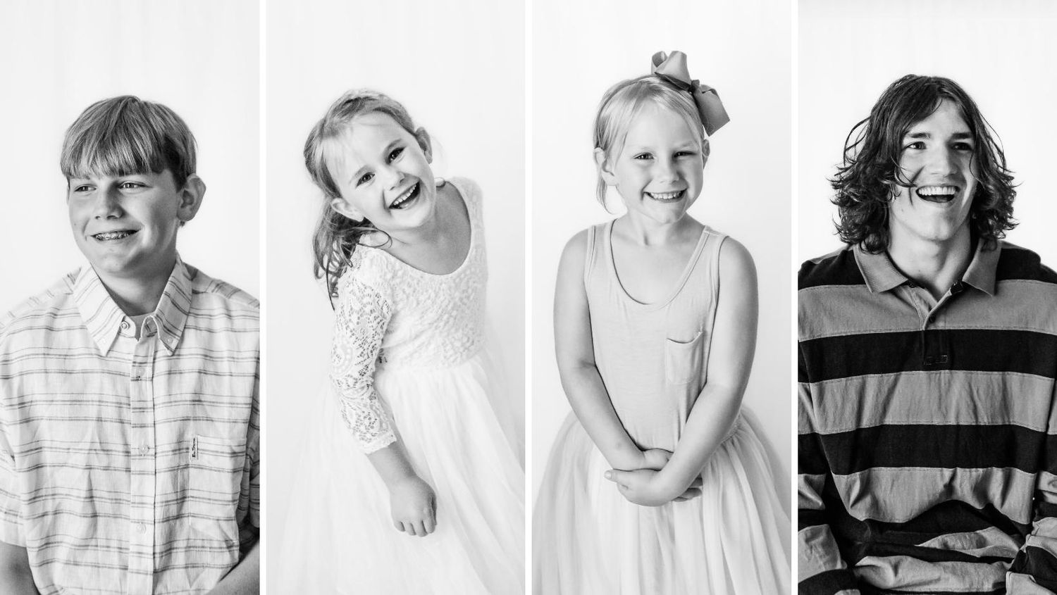A series of black and white headshot portraits arranged in a horizontal row showing different facial expressions and poses.