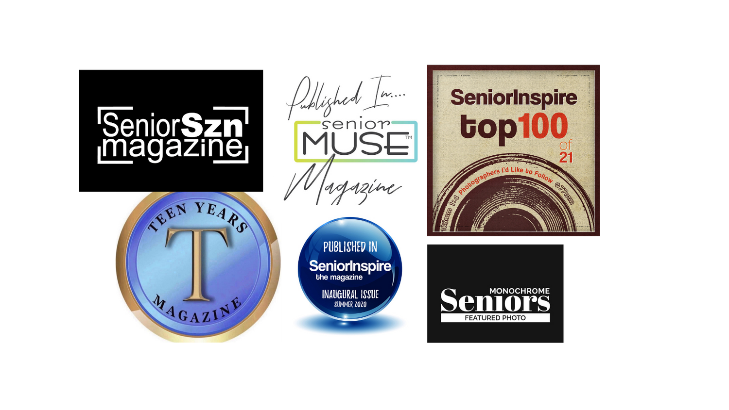 Collection of photography awards and accolades including Senior Style magazine and Muse logos against black background.