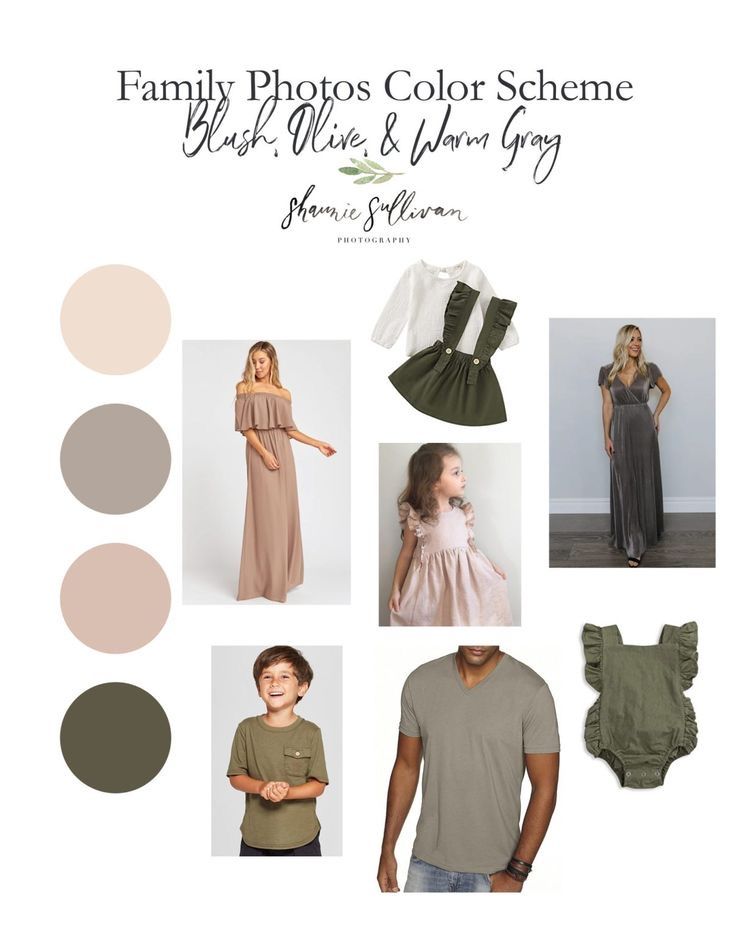 Color scheme board showing olive green and blush tones for family photo outfit coordination.