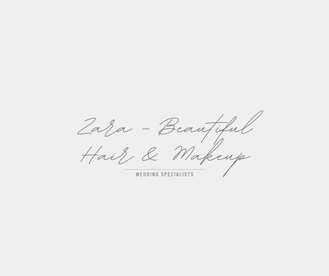 Elegant handwritten logo design for Zara Beautiful Hair & Makeup wedding specialist in gray cursive text on white background.