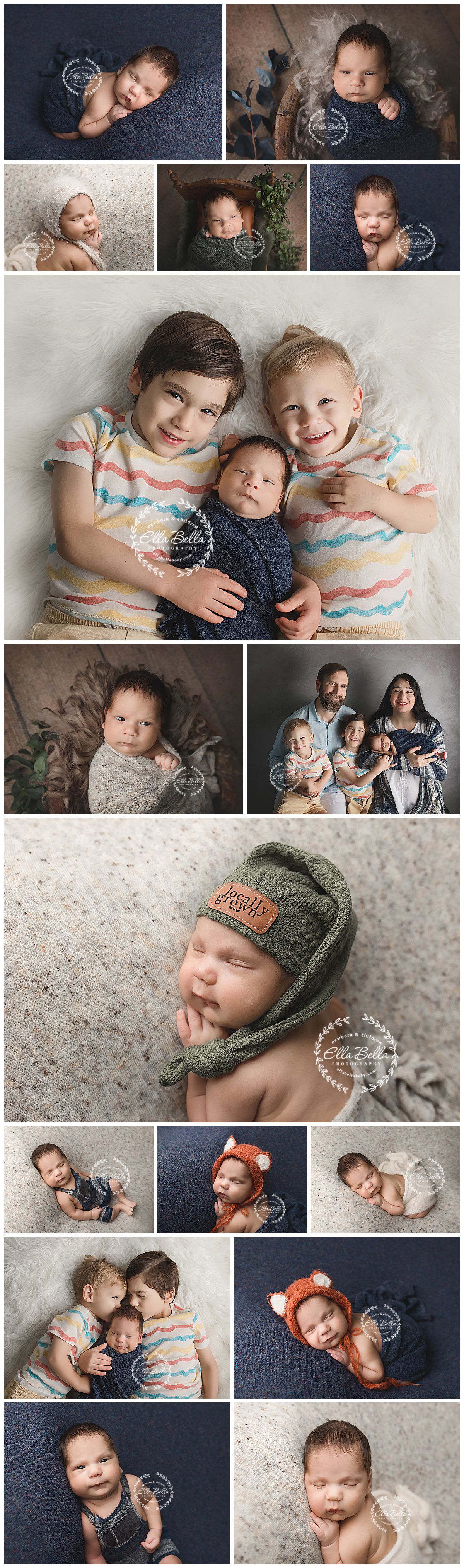 Collection of sibling and newborn portraits featuring cozy wraps and animal-themed accessories.