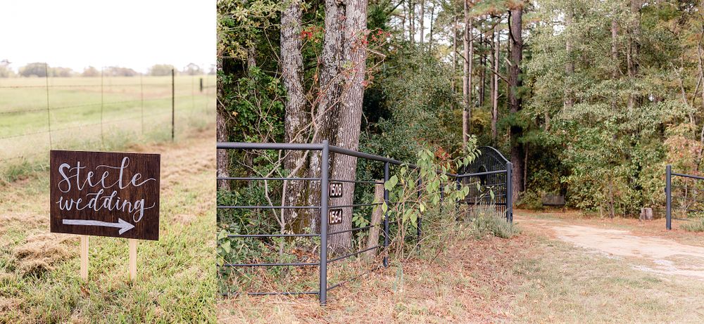 A rustic entrance gate with a wooden 'Stella Wedding' sign marks the path into a wooded venue.