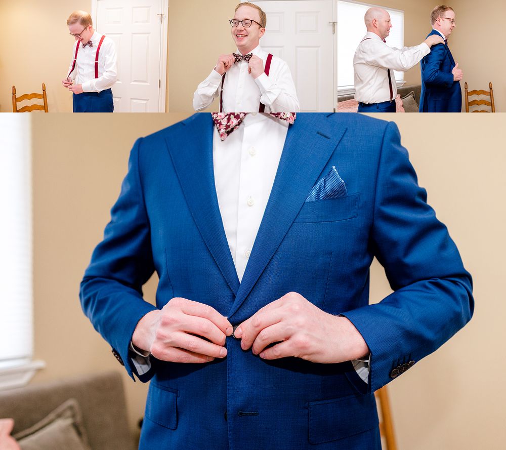 A detailed view of a bright blue suit jacket with pocket square being adjusted.