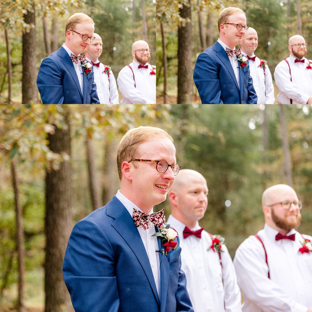 Wedding party members in blue suits and burgundy bow ties standing outdoors.