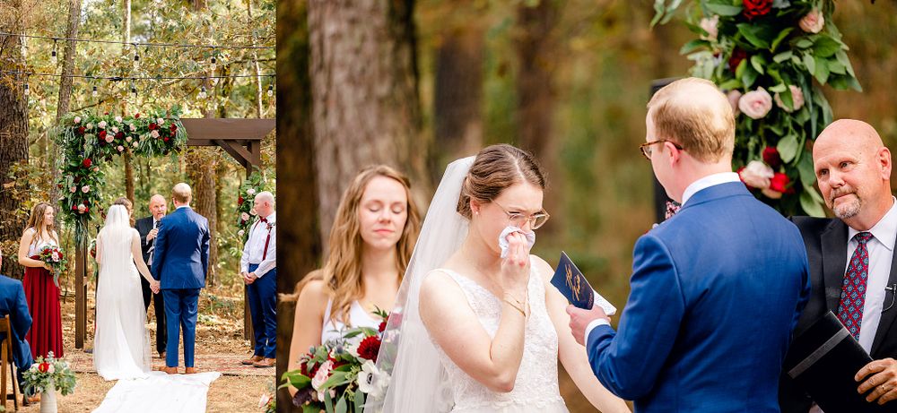 Wedding ceremony in a wooded outdoor setting with decorative floral arch and guests.