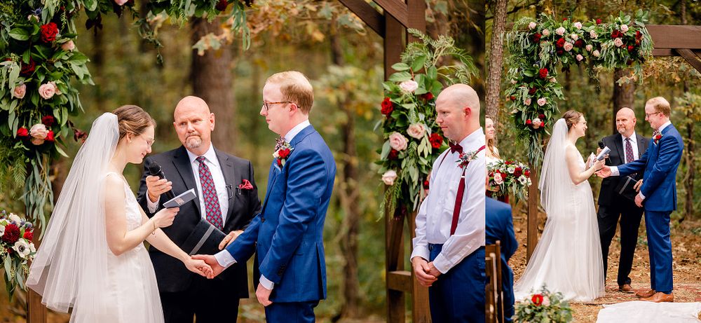 Emotional outdoor wedding ceremony under floral-decorated arch in autumn forest.