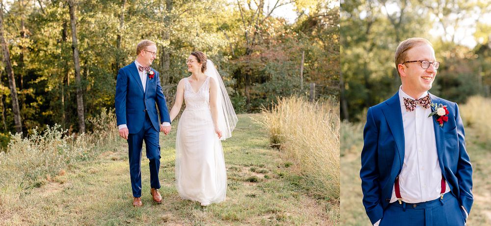 Wedding couple walking through golden field with classic navy and white attire.