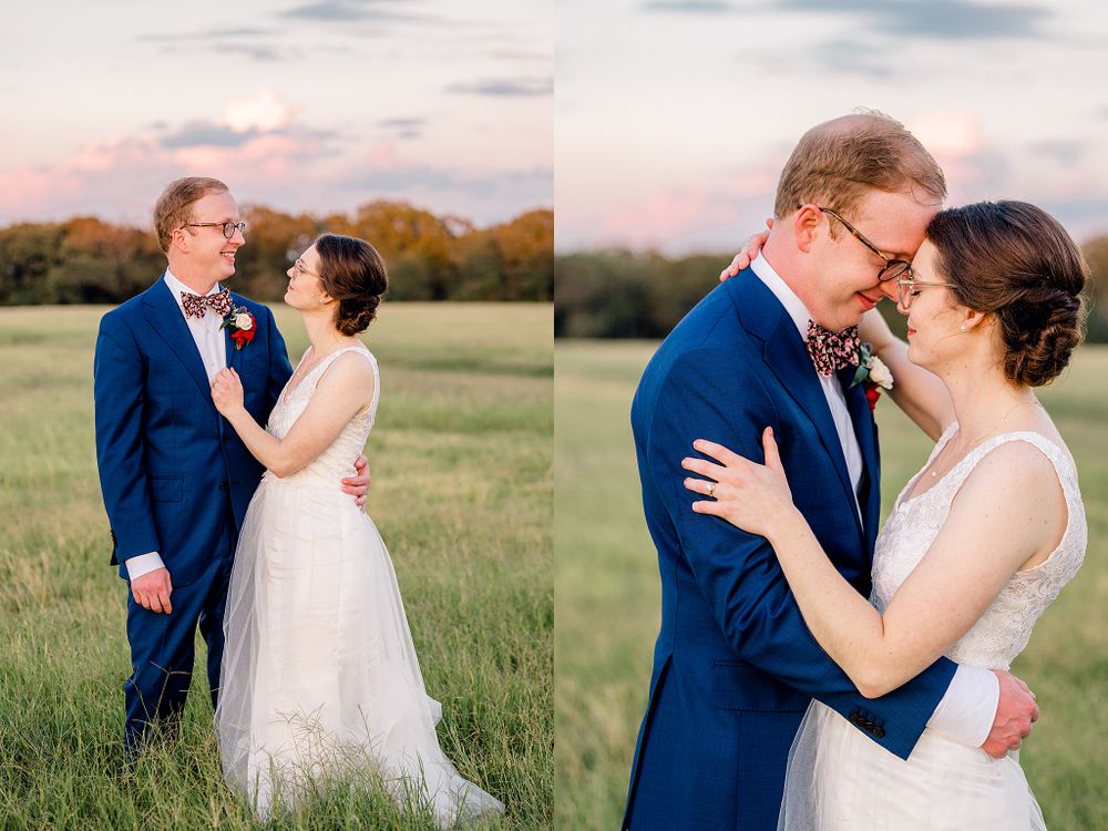 Romantic sunset portraits of newlyweds embracing in golden field.