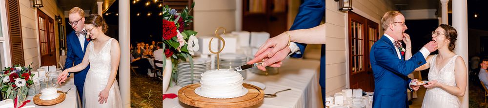 Three detail shots of a wedding cake cutting ceremony.