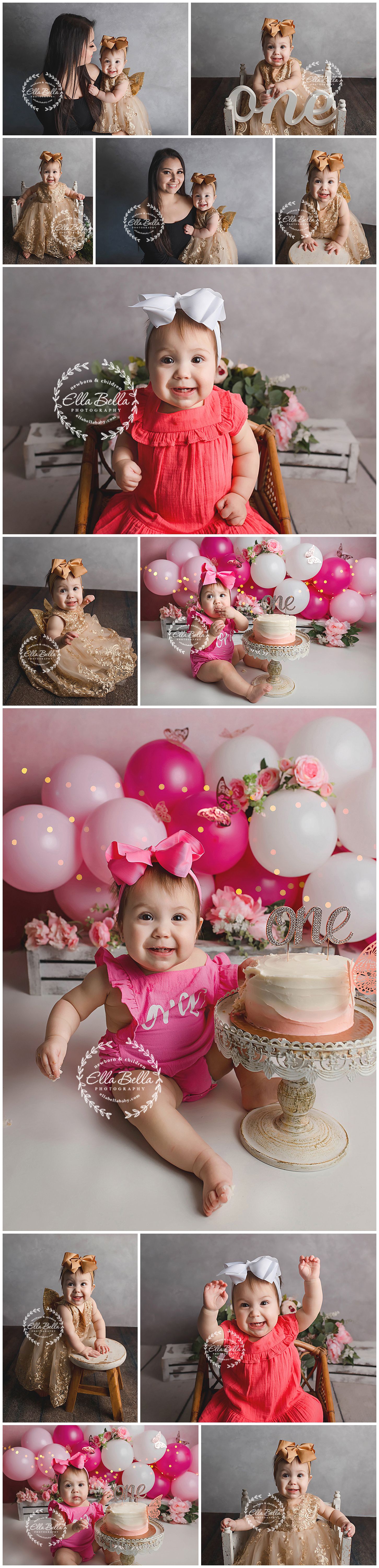 Professional photo collage featuring first birthday portraits with gold dress, pink decor, and birthday cake celebrations.