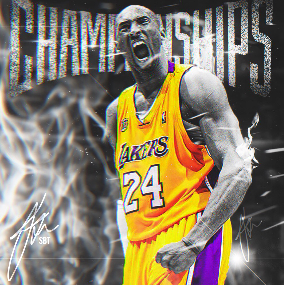 Dynamic black and white sports artwork of Lakers player number 24 with championship text overlay.