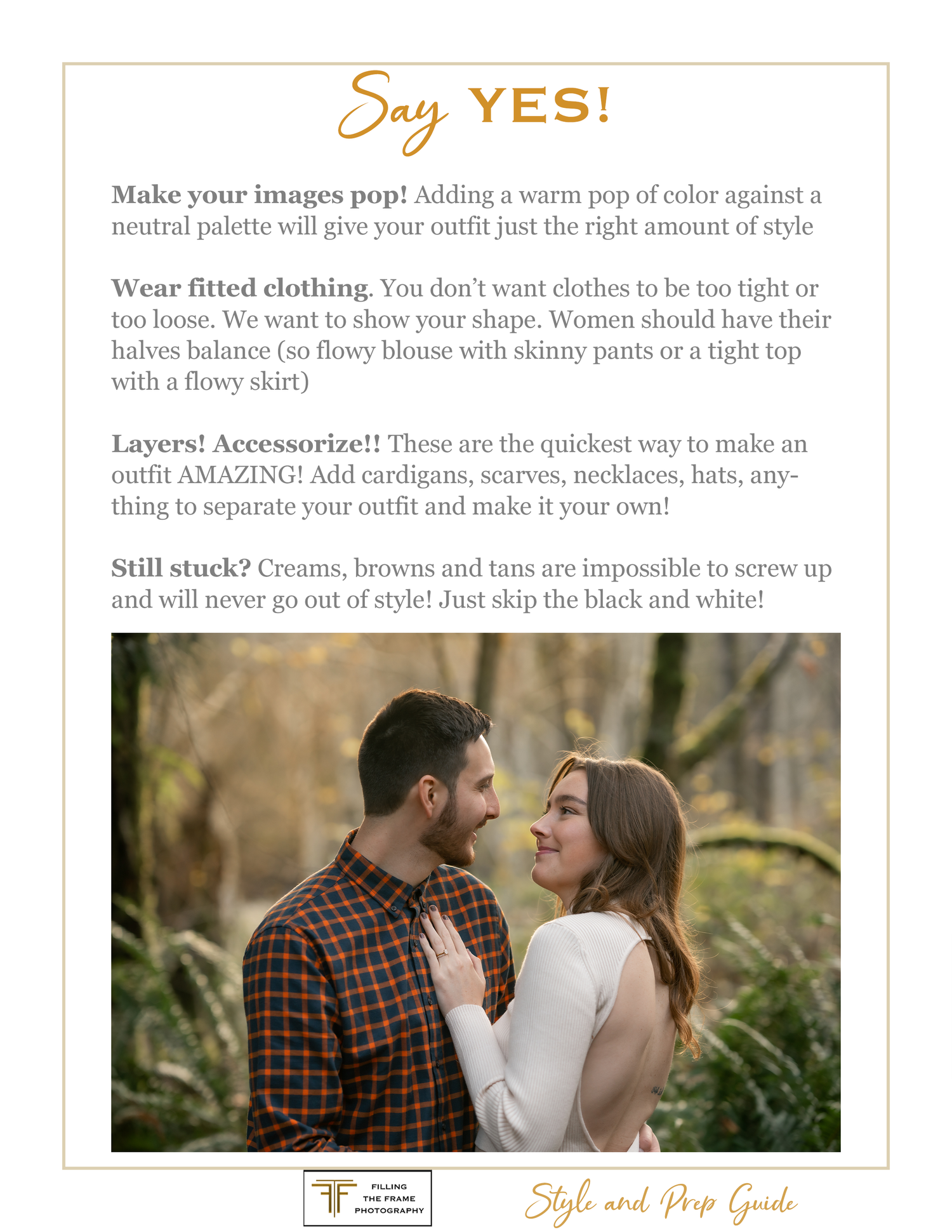 Style guide with photography tips and a romantic outdoor portrait example.