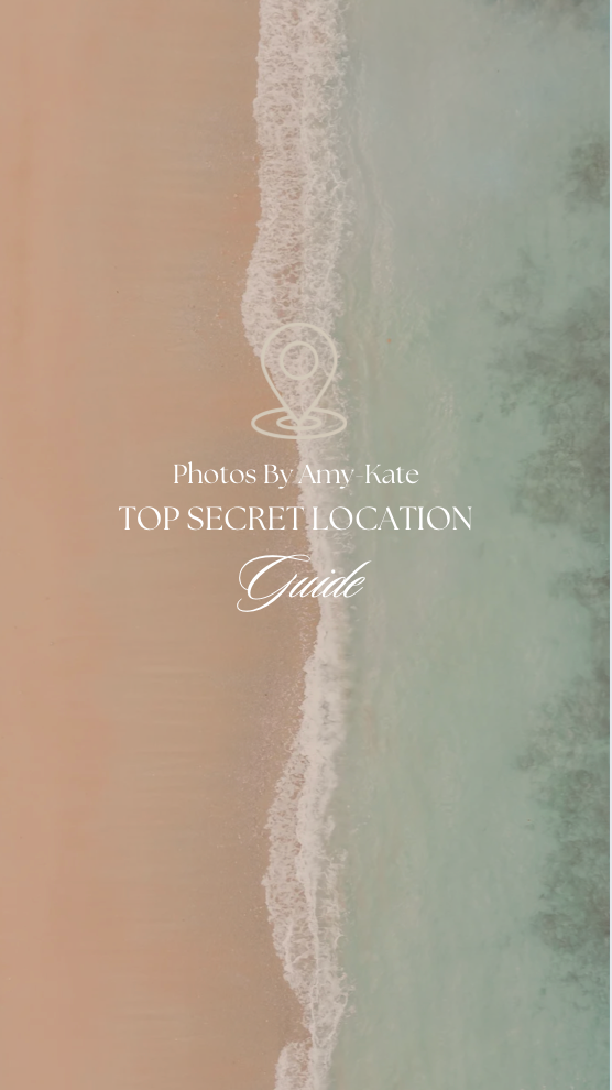 Aerial view of a beach shoreline with text overlay advertising a top secret location guide.