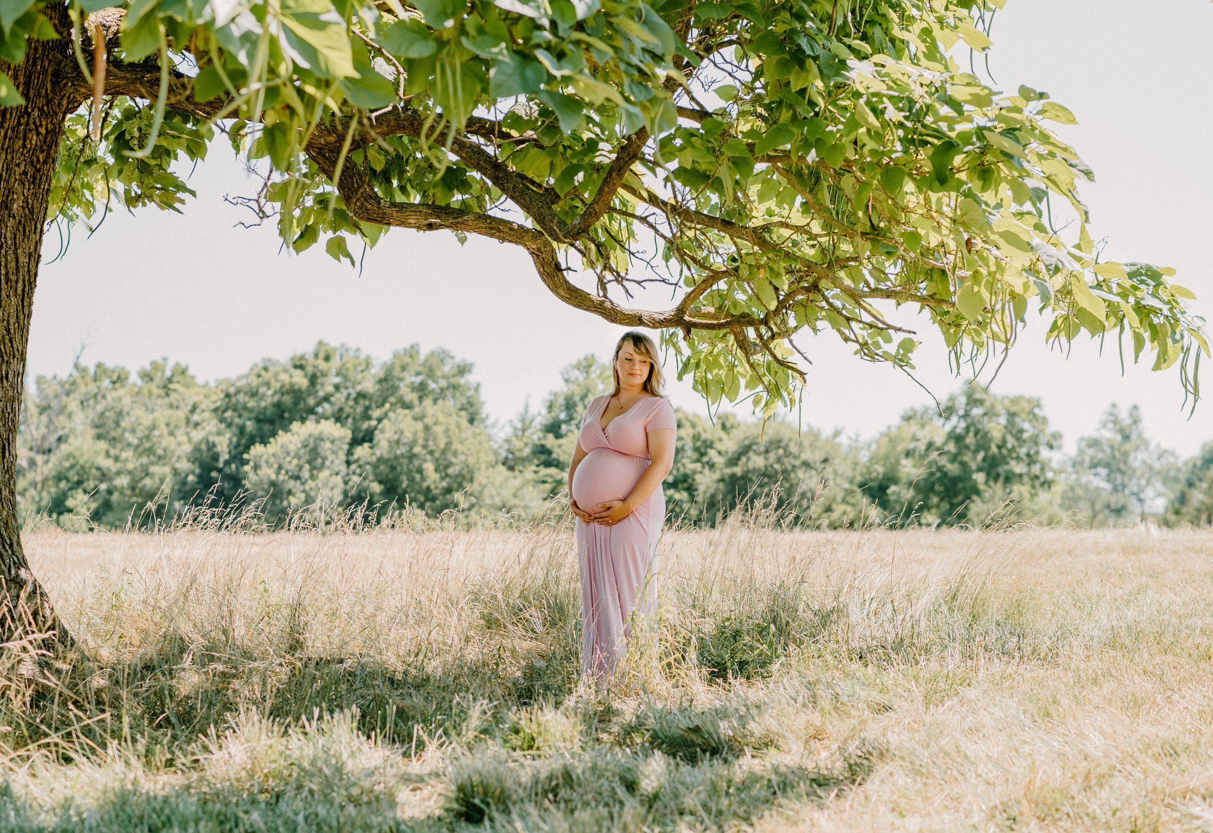 Expecting mother beautifully posed in a grassy field under a tree, capturing the peaceful glow of maternity in a serene outdoor setting