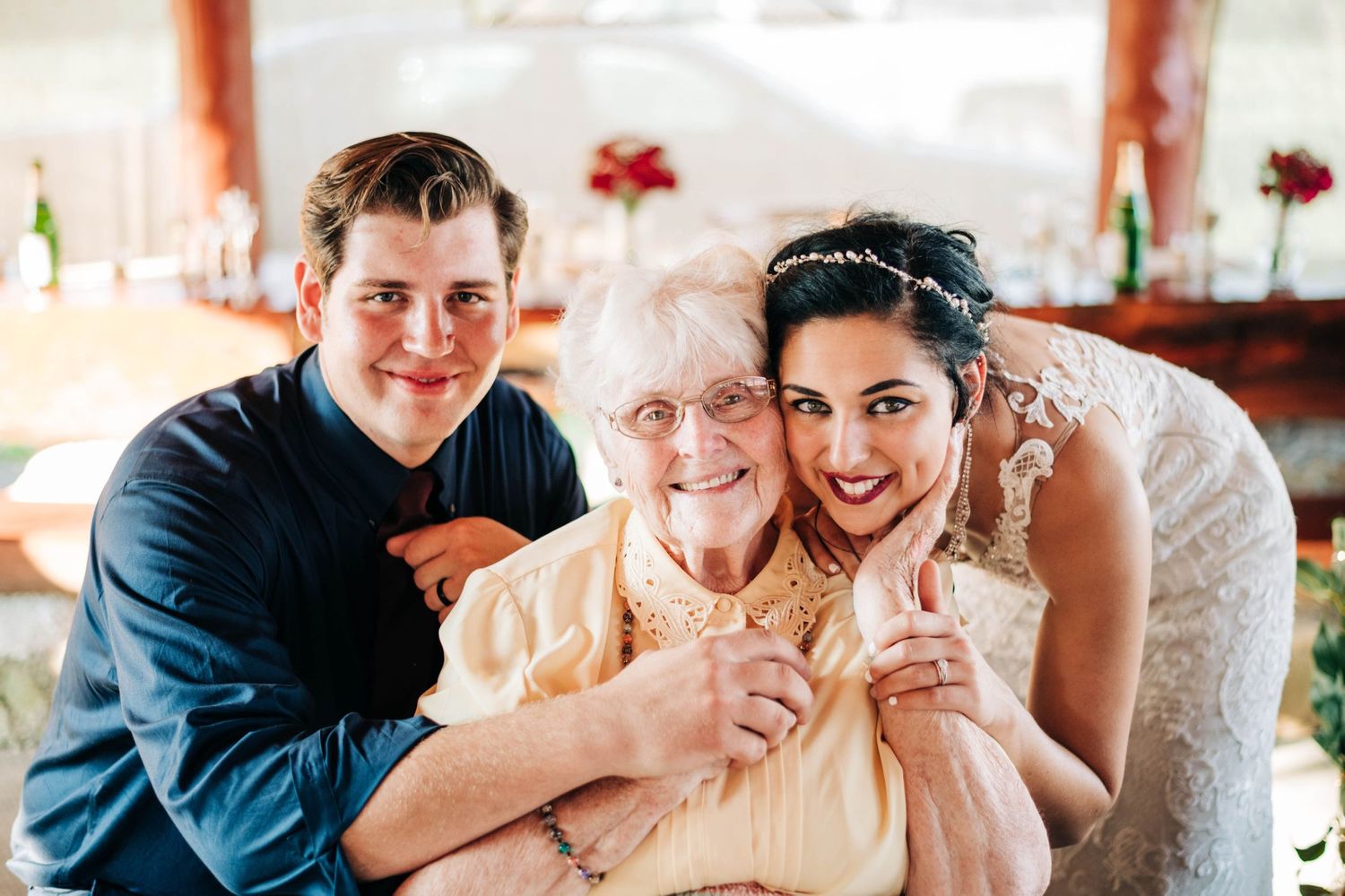 bride and groom with groom's grandmother