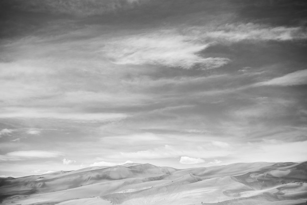 A black and white photograph of the Sand Dunes in Colorado