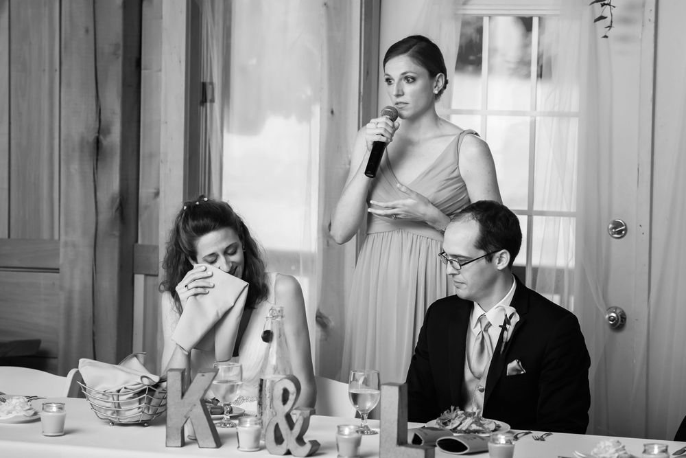 Bridesmaid toast during wedding reception at Crystal Brook Farm in Chagrin Falls, Ohio.