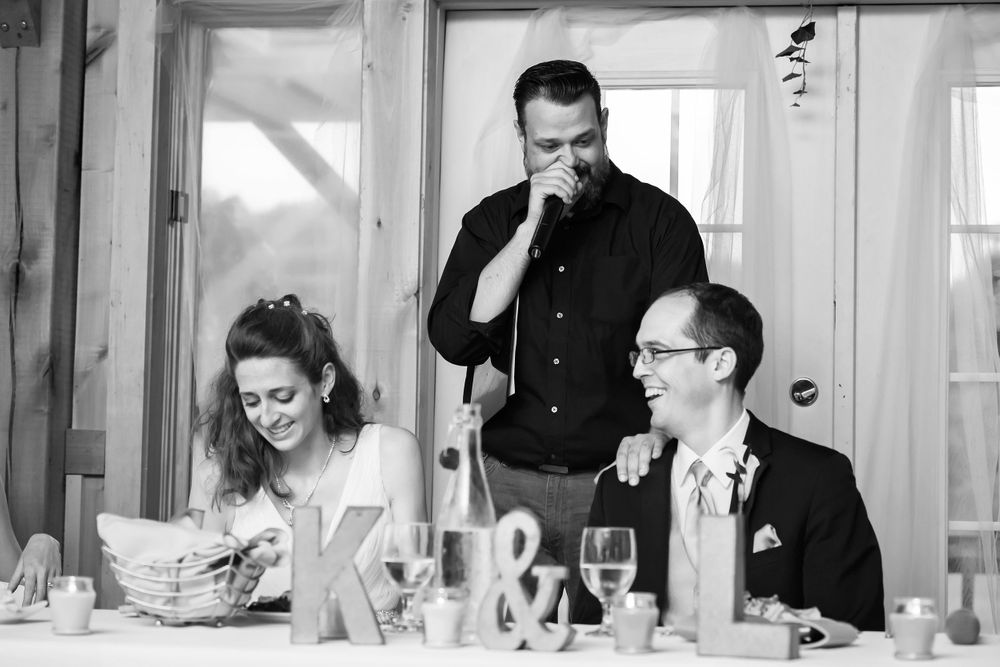 Bride's brother gives heartfelt toast during wedding reception at Crystal Brook Farm in Chagrin Falls, Ohio.