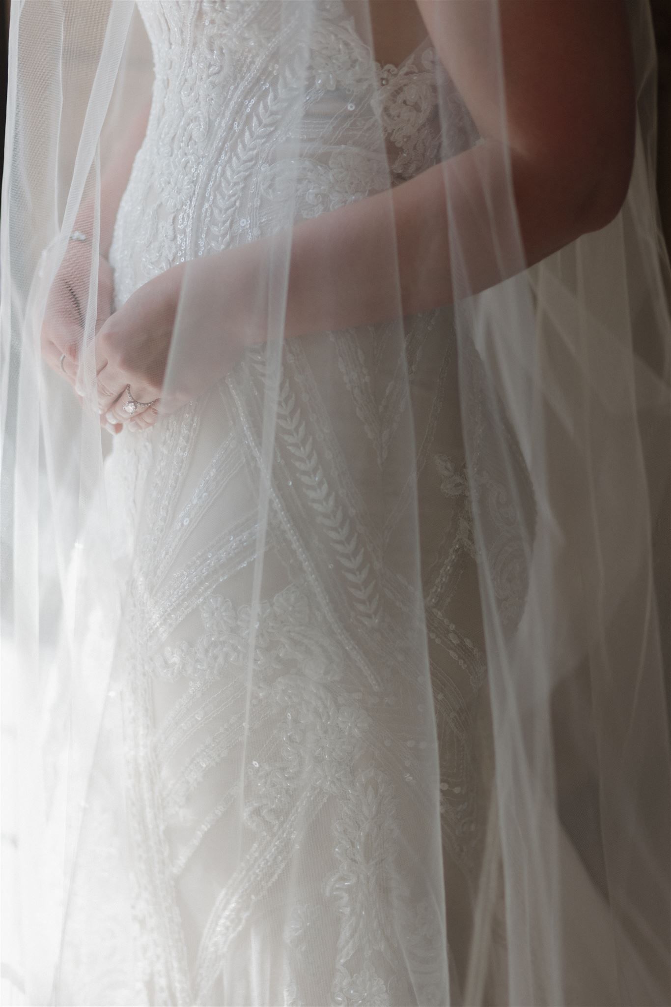 Close-up detail shot of wedding dress lace pattern through delicate tulle veil.