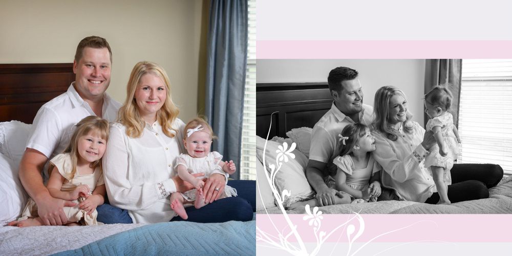Two versions of a family portrait shown in color and black and white.