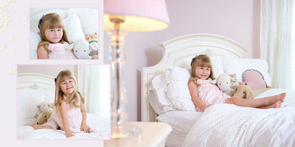 Soft pink-toned bedroom scenes showing quiet moments with stuffed animals and books.