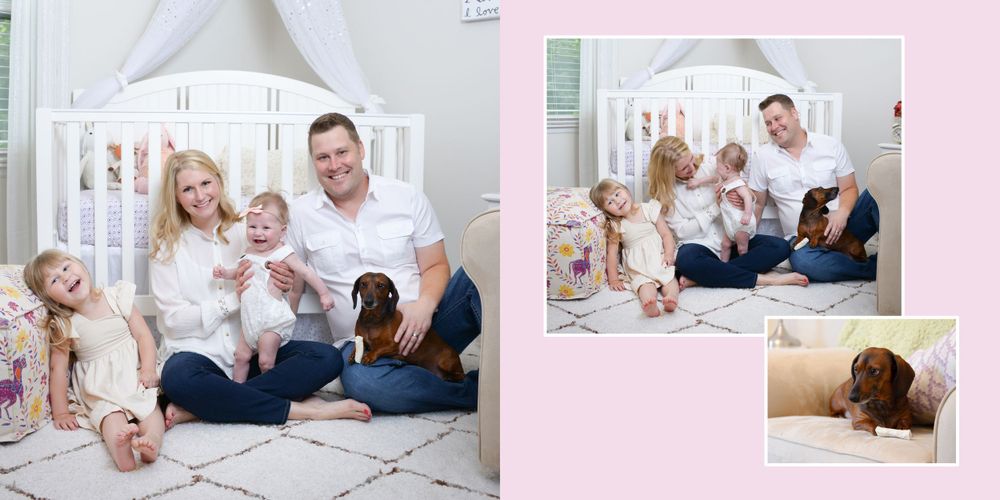 Family photo session with pet featuring white and neutral tones.