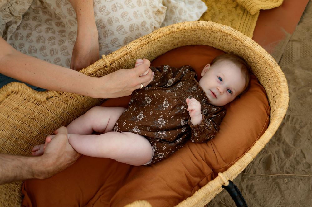 Ojai horse ranch family photos by Ventura family photographer of couple with their baby in rattan bassinet during sunset in river preserve