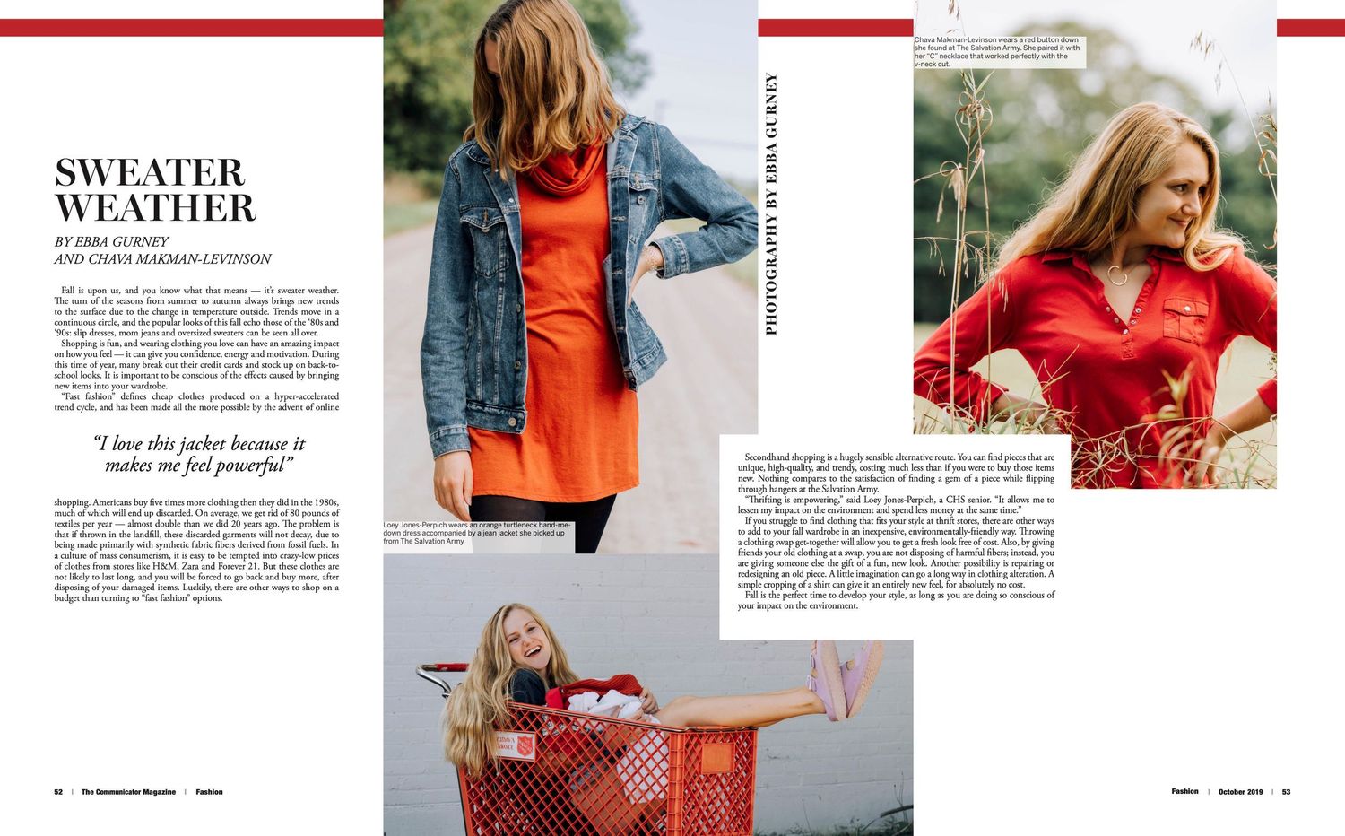 Fashion magazine spread featuring sweater weather outfits with red and denim styling.