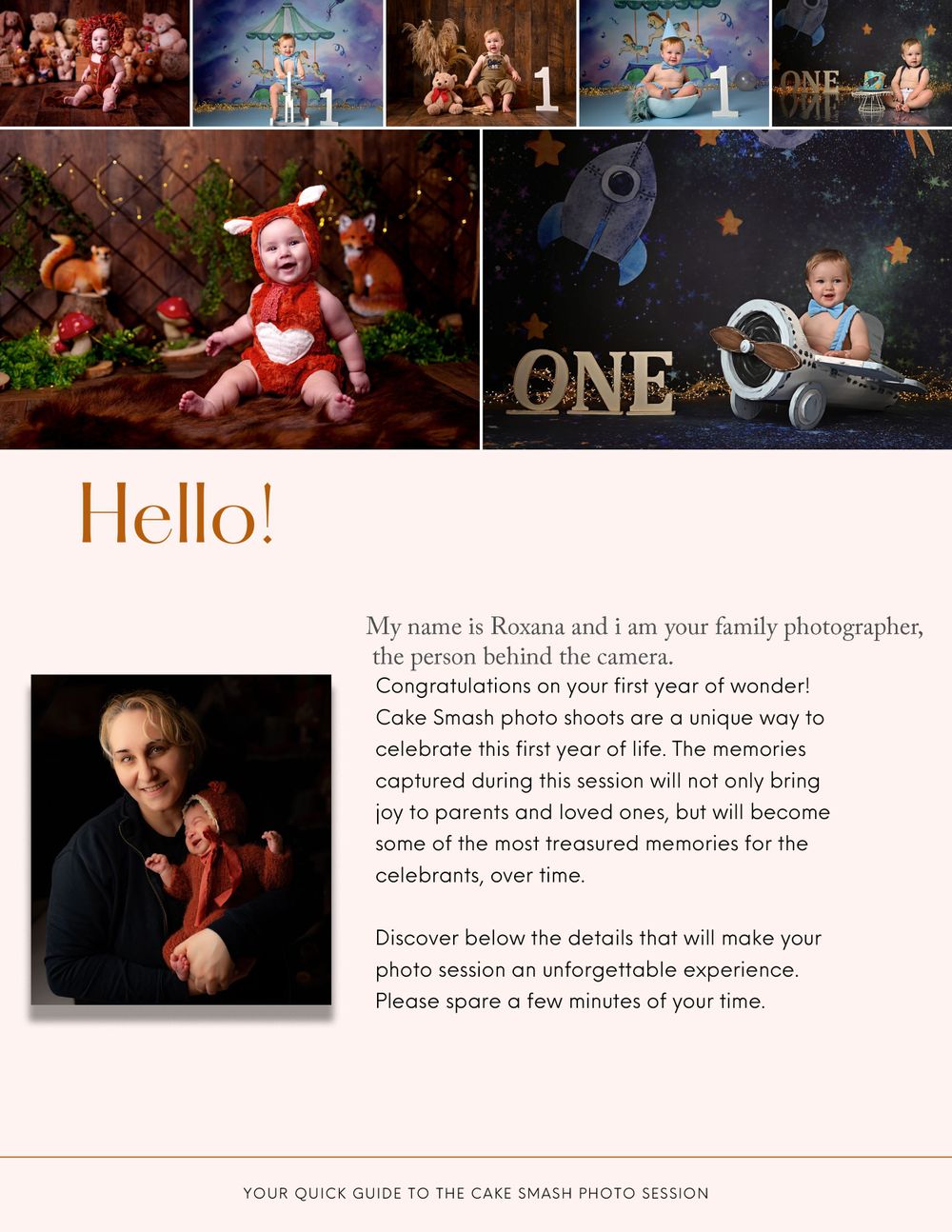Collage of baby photo sessions and studio information on pink background.