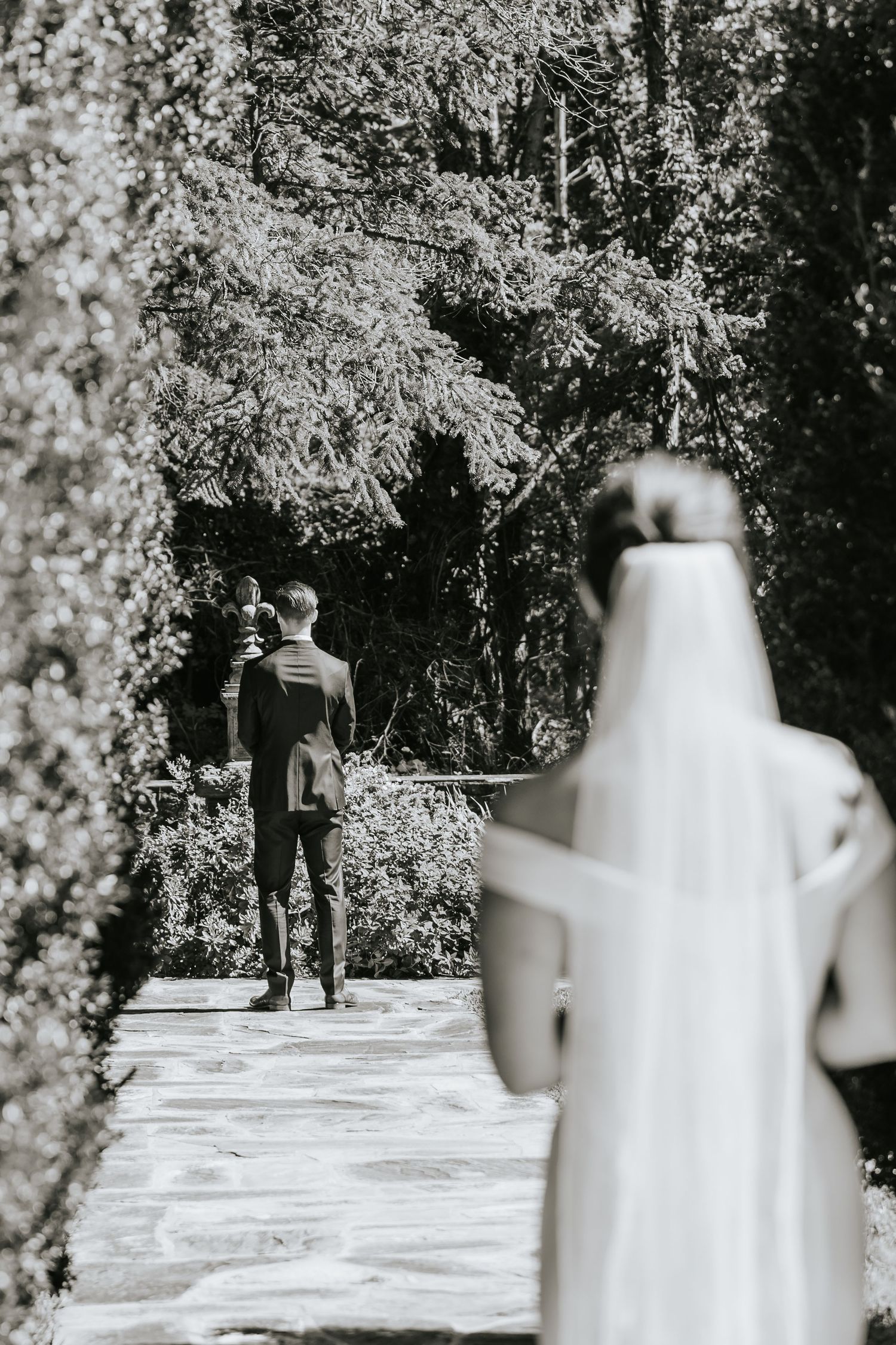 A black and white first look wedding photo with blooming trees framing the pathway.